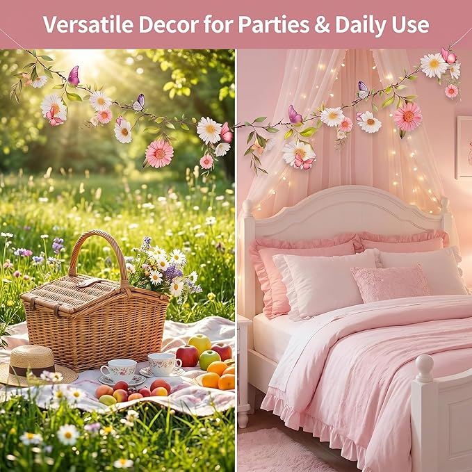 Wildflower Garland Banner,13Ft Pre-Strung Watercolor Floral Bunting, Laminated Fairy Woodland Enchanted Garden Party Decorations for Girls Birthday, Baby Shower & Spring Picnic