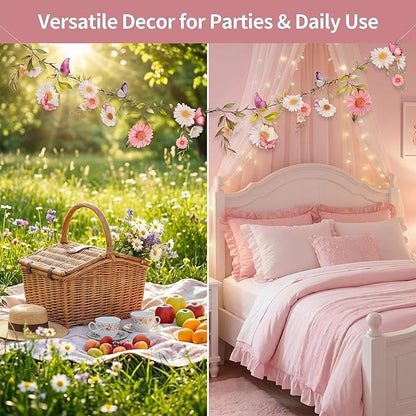 Wildflower Garland Banner,13Ft Pre-Strung Watercolor Floral Bunting, Laminated Fairy Woodland Enchanted Garden Party Decorations for Girls Birthday, Baby Shower & Spring Picnic