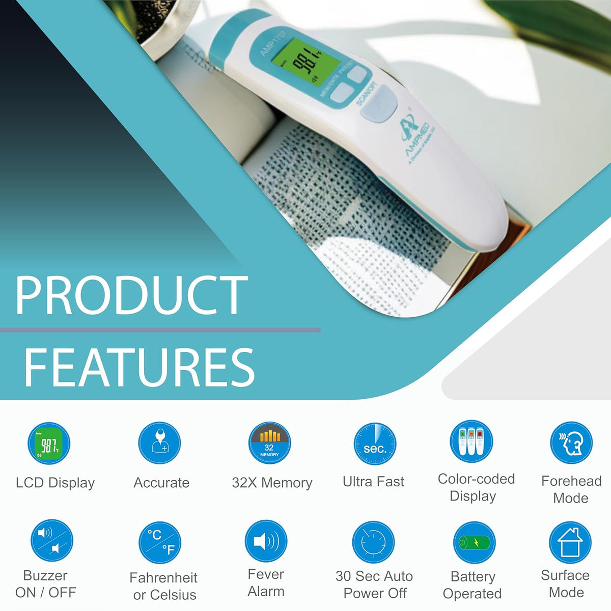 Amplim Non-Contact Forehead Thermometer & Case for Adults, Kids, Baby, FDA Cleared, Medical Grade, Touchless Infrared, 1-Sec Reading, Fever Alarm