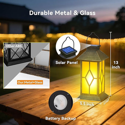 2Pack Patina 13" Metal & Glass Solar Lantern with Flickering Flame, Outdoor Waterproof Hanging Lantern for Garden Patio Yard Pathway Porch Decorative, Vintage Gifts for Mom