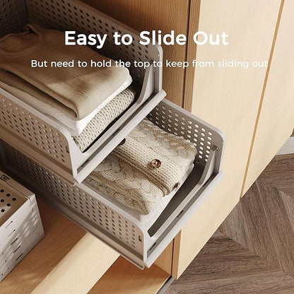 Pinkpum 5 Pack Folding Closet Organizers Storage Box, Stackable Plastic Drawer Basket for Clothing, Stackable Storage Bins Shelf Storage Container for Closet Wardrobe Bedroom Bathroom Office (Grey)