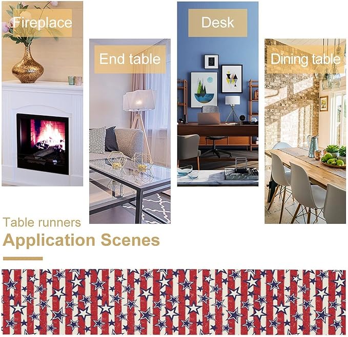 4th of July Table Runner, Vintage American Independence Day Stripes and Stars Patriotic Table Center Decor for Home Kitchen Dining Party Outdoor Holiday 13x90in