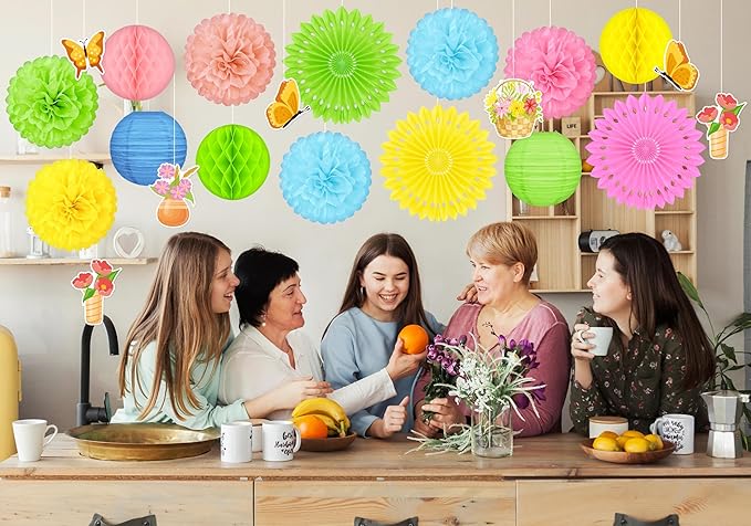 22pcs Spring Decorations for Home – Hanging Paper Fans, Lanterns, Pom Poms, Hanging Swirls for Office, Classroom, Birthday Party, Indoor Outdoor Ceiling Decor