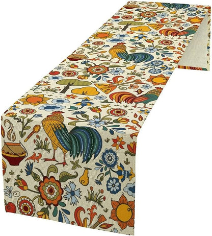 Farm Animal Table Runner, Boho Folk Style Country Rustic Farmhouse Rooster Flower Print Table Runner for Home Kitchen Dining Holiday Decor, 13x120inch