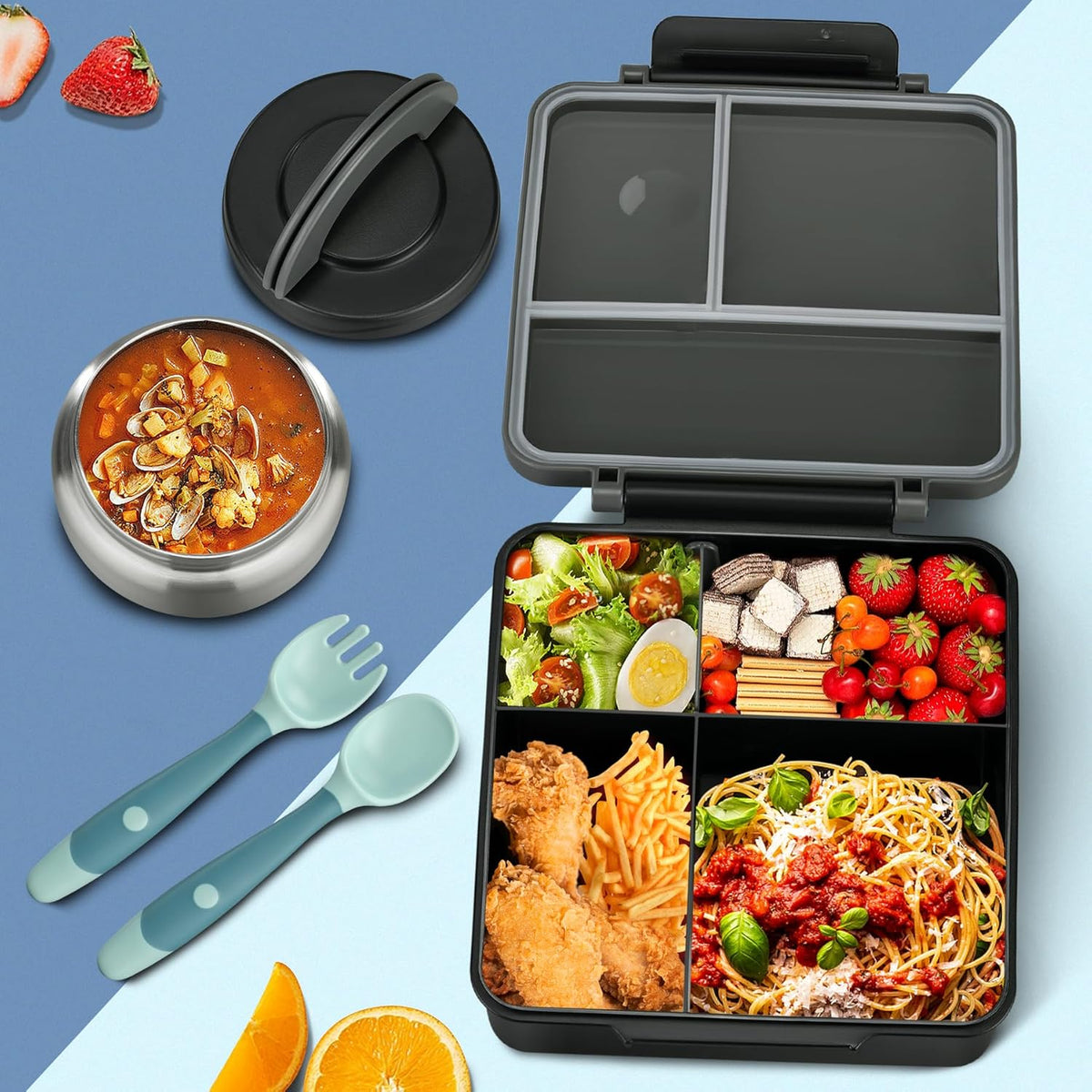 Bento Lunch Box for Kids with 8oz Soup Thermo&Lunch Bag, Leak-Proof Lunch Food Containers with 4 Compartment