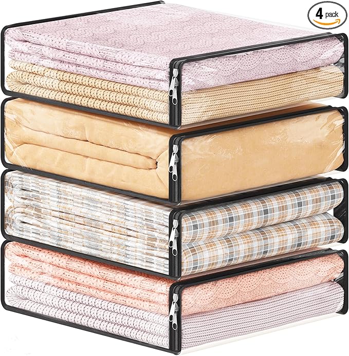 Lifewit 14L Clear Sheet Storage Bags with Zipper 4 Pack, Plastic Sweater Storage Bins for Clothing, Vinyl Foldable Clothes Containers Organizers for Closet, Blankets, Bedding 15.7 x 13.8 x 3.9 Inch