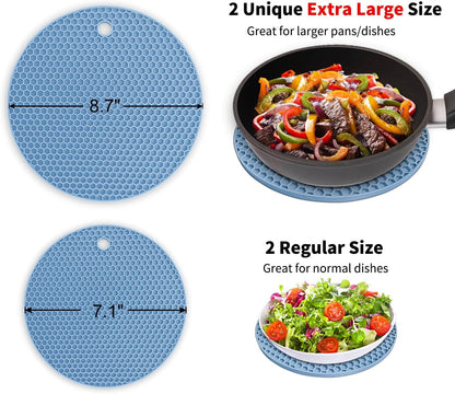 Silicone Trivet Mats - Walfos Heat Resistant Pot Holders Set, 4pcs 2 Sizes 7 Inch & 9 Inch, Multipurpose Non-Slip Hot Pads for Hot Pot, Hot Dishers, Jar Opener, Food Grade & BPA Free (Nordic Blue)