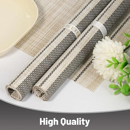 Placemats Set of 6，Non-Slip PVC Weave Table Mats Easy to Clean，Heat Resistant Place Mats for Kitchen Dining Table Decoration Indoor Outdoor，Khaki Gray
