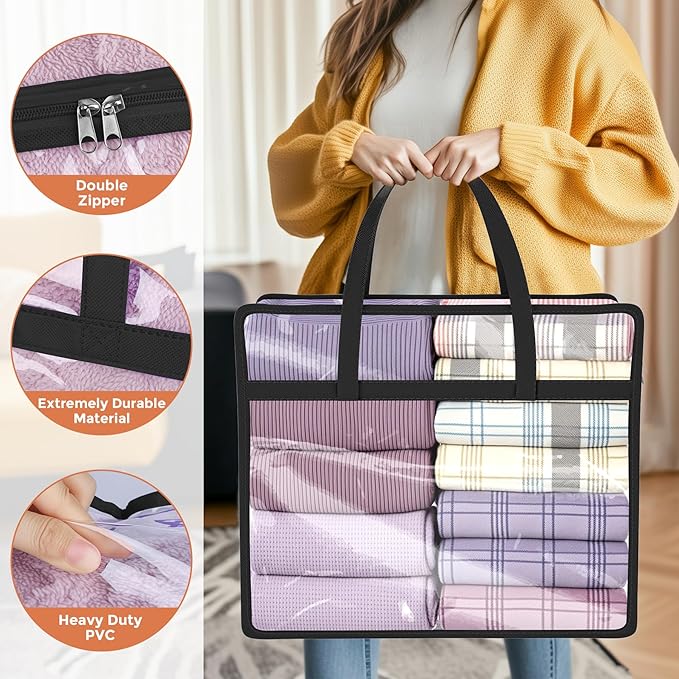 Budding Joy Clear Zippered Storage Bags for Clothes,40L Closet Organizers and Storage Containers Vinyl Moving Bag for Bedding, Linen, Blankets, Comforters, Clothing & Toys, Black, 4 Pack