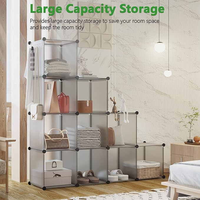 C&AHOME Cube Storage Organizer, 12-Cube Shelves Units, Closet Cabinet, DIY Plastic Modular Book Shelf, Ideal for Bedroom, Living Room, Office, 36.6" L x 12.4" W x 48.4" H Grey UPCS12G