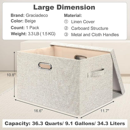 Graciadeco Large 17 36 Quart Collapsible Stackable Storage Bins with Lids, 1 Pack Beige Foldable Fabric Closet Storage Boxes with Lids, 4 Handles Toy Heavyduty Dark Gray Linen Storage Cube Box