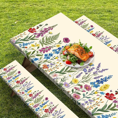 Picnic Table Cover with Bench Covers Elastic Edges, Cottagecore Camper Fitted Table Cover, Outdoor Camping Essentials 72 Inch 3PCS, Waterproof Camping Fitted Tablecloth with Drawstring Bag