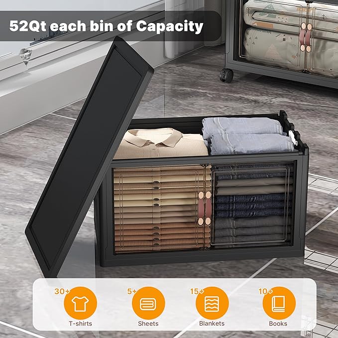 UAMFURI 384QT Lockable Storage Bins with Lids - Stackable Storage Cabinet with Doors and Wheels, Collapsible Plastic Organizer and Containers for Closets, Office, 8 Pack Cubes