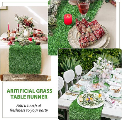 12 x 72 Inch Artificial Grass Dining Table Runner Green Table Decor for Holiday Party, Kitchen Decor, Wedding, Banquet, Indoor/Outdoor Tea Party Decorations