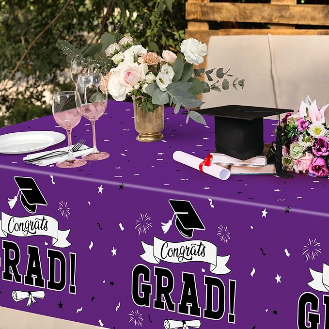 2 Pcs Graduation Tablecloth, 108" X 54" Plastic Graduation Decorations 2026, Rectangle Purple Table Cloths for Grad Decor Party Supplies, Disposable Tablecover for Class of 2026 Congrats Grad for kids