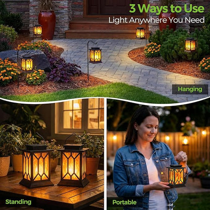 BOBKID 4 Pack Solar Lantern Outdoor Lights, Upgraded Flickering Flame Lanterns Lights Outdoor Waterproof, Hanging Lantern Decorative, Solar Powered Lighting for Yard Patio Path Tree Garden Decor
