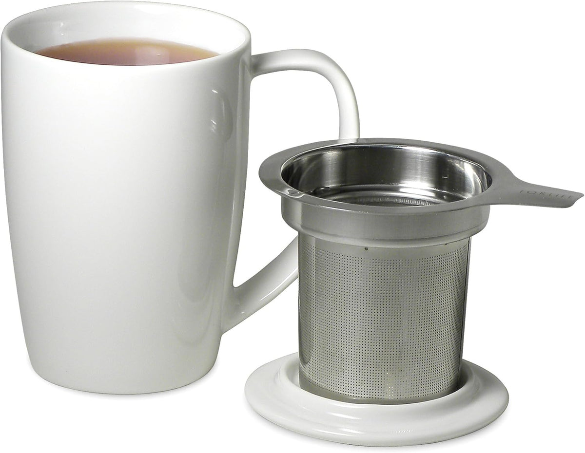 FORLIFE Curve Tall Tea Mug with Infuser and Lid 15 ounces, White