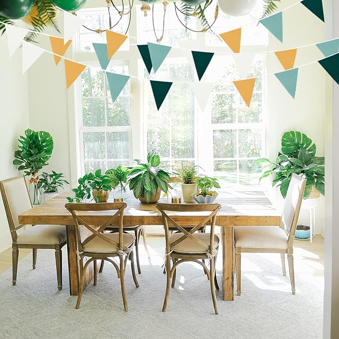 Zwiebeco 39Ft Dark Green Gold White Fabric Bunting Banner Triangle Flags Cotton Garland Pennant for Forest Wild One Safari Birthday Wedding Baby Shower Outdoor Garden Decorations