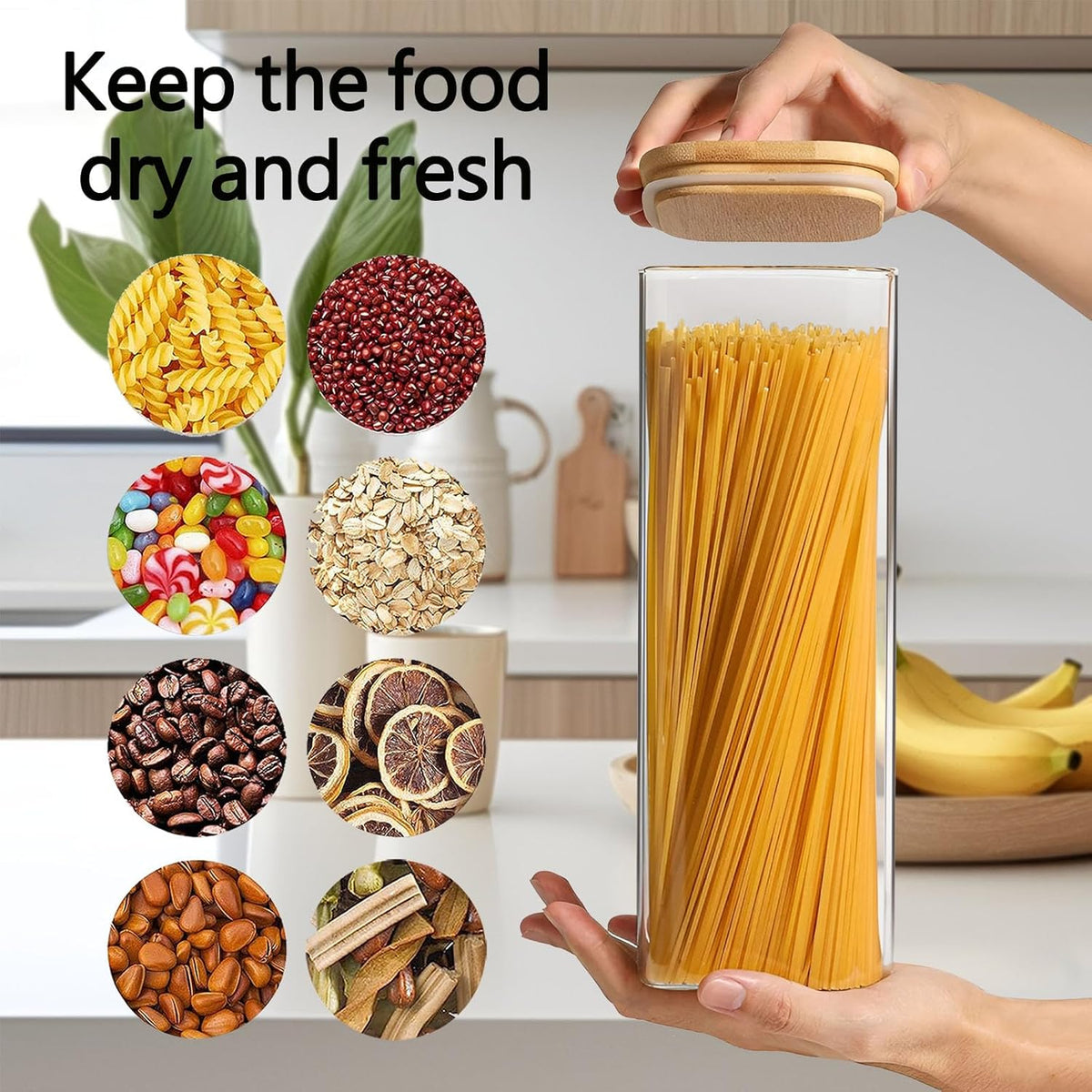 2.2 Qt Square Glass Storage Containers with Lids, Clear Food Storage Container Jar with Sealing Bamboo Lid Storage Containers for Pasta, Oats, Coffee