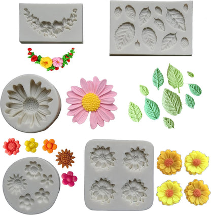 Small Lovely items Silicone Fondant Molds Set For Cake Topper, Gumpaste, Candy & Chocolate, Polymer Clay and More (Flowers & Leaves)