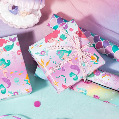 WRAPAHOLIC Mermaid Wrapping Paper Roll - 3 Short Roll - Birthday Wrapping Paper for Kids Girls Birthday, Mermaid Party, Baby Shower - 17 Inch x 120 Inch Per roll