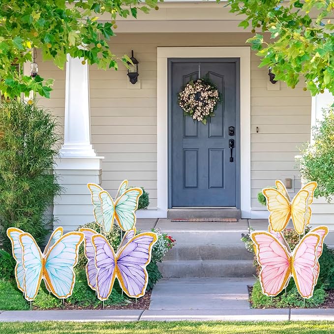 5 Pcs Giant Butterfly Garden Stakes Decorations, 3D Glitter Butterfly Yard Signs Spring Lawn Outdoor Decorative for Purple Tea Party Graduation Fairy Birthday Wedding Baby Shower Patio Decor