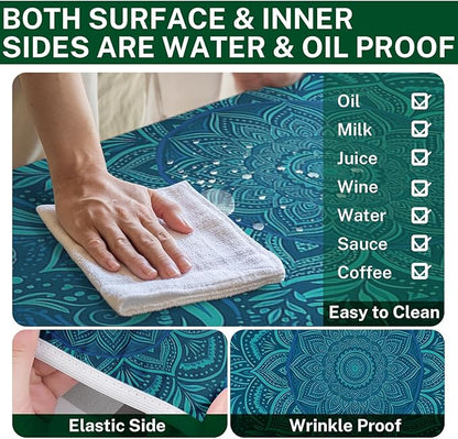 Picnic Table Cover with Bench Covers Elastic Edges, Boho Teal Camper Fitted Table Cover, Outdoor Camping Essentials 72 Inch 3PCS, Waterproof Camping Fitted Tablecloth with Drawstring Bag
