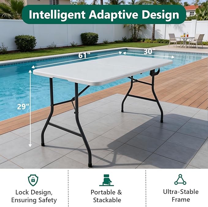 Folding Table 5FT Heavy Duty Plastic Table with Handle, Foldable&Portable, Fold-in-Half Utility Tables for Outdoor, Dining, Wedding, Events, Indoor, Picnic, Camping, Party,Khaki