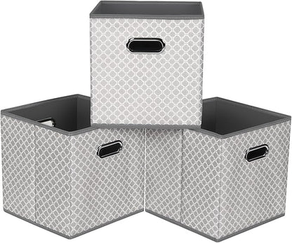Fabric storage bins Cubes, Fabric Cube Organizer with Handle, Foldable Cube Bins for Cloth or Accessary Storage, 11x11x11, Set of 3, (Light Grey)