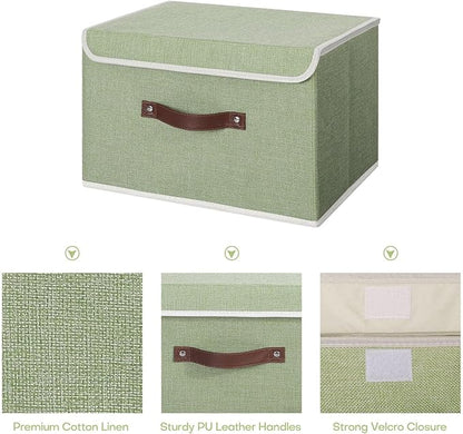 ANMINY Storage Bin with Lid Storage Boxes with PU Leather Handles PP Plastic Board Decorative Foldable Lidded Cotton Linen Fabric Home Cubes Baskets Closet Organizer Container - Green, Medium