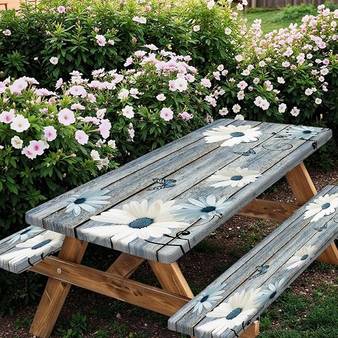 Rustic Daisy Picnic Table Cover with Bench Covers, Farmhouse Vintage Floral on Wooden Board Blue Flower Tablecloth for Camping Indoor Outdoor Party Decorations, 30X72in