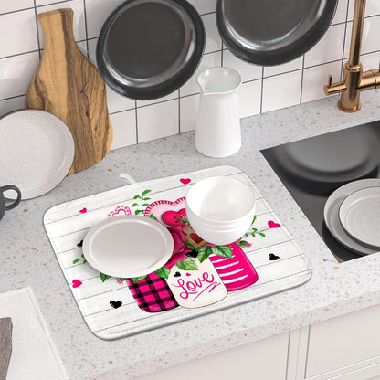 Valentine's Day Rose Flower Dish Drying Mat for Kitchen Counter,Mason Jar Pink Love Heart Drying Mat 16 x 18 Inch with High Absorbent Microfiber