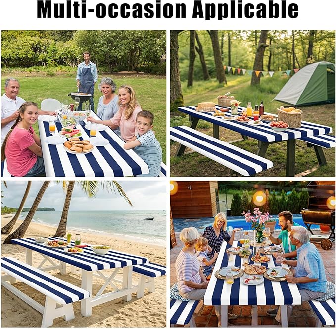 Smiry Picnic Table Cover with Bench Covers, Waterproof Elastic Fitted Tablecloth for 6 Foot Tables, Washable Polyester Tablecloths for Camping, Indoor & Outdoor (Navy Stripe, 30x72 Inch 3-pc Set)