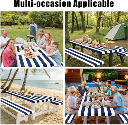 Smiry Picnic Table Cover with Bench Covers, Waterproof Elastic Fitted Tablecloth for 6 Foot Tables, Washable Polyester Tablecloths for Camping, Indoor & Outdoor (Navy Stripe, 30x72 Inch 3-pc Set)