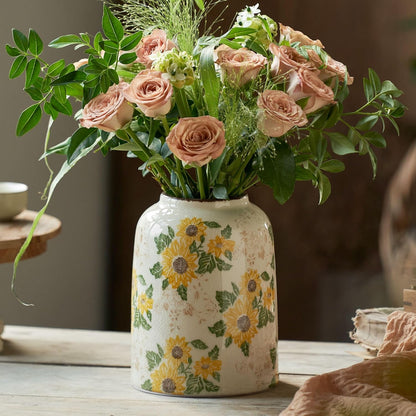 Vintage Ceramic Vase, 7.9 Inch Chinoiserie Sunflower Yellow Floral Vases, Retro Ice Cracked Rustic Antique Flower Vases for Modern Coffee Table Home
