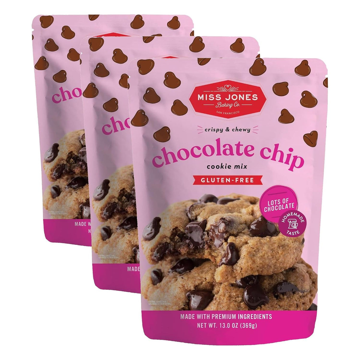 Miss Jones Baking Gluten-Free Chocolate Chip Cookie Mix - More Chocolate Chips, 50% Lower Sugar, Naturally Sweetened Desserts &amp; Treats, 13 Ounce (Pack of 3)