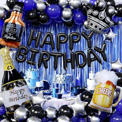 Blue and Black Happy Birthday Decorations for Men with Happy Birthday Banner, Fringe Curtains, Birthday Foil Balloons Kits for 21st,25th 27th 30th 35th 40 50 60th Birthday Party Decorations
