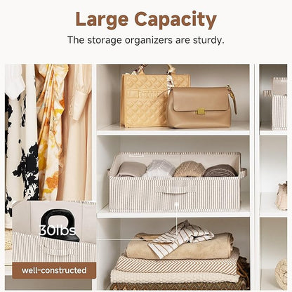 StorageWorks Closet Storage Bins, Trapezoid Organizer Box for Shelves, Fabric Clothes Bin, Foldable Organizing Baskets with Handles, Large, Khaki and Beige Stripes, 3-Pack