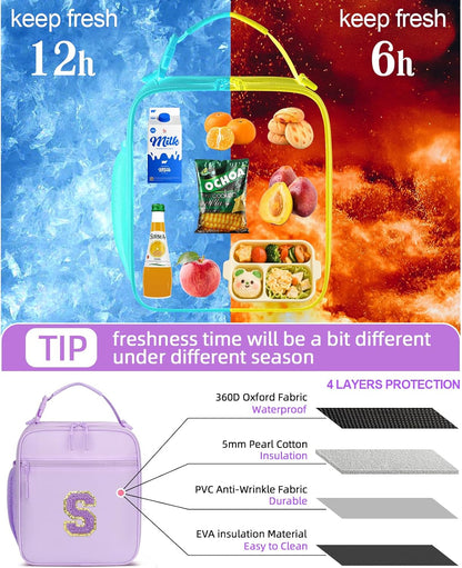 Initial Insulated Lunch Bag for Girls Kids, Back to School Gift, Reusable Leak-proof Lunch Box with Adjustable Strap for School Daycare Travel Picnic (Purple,S)