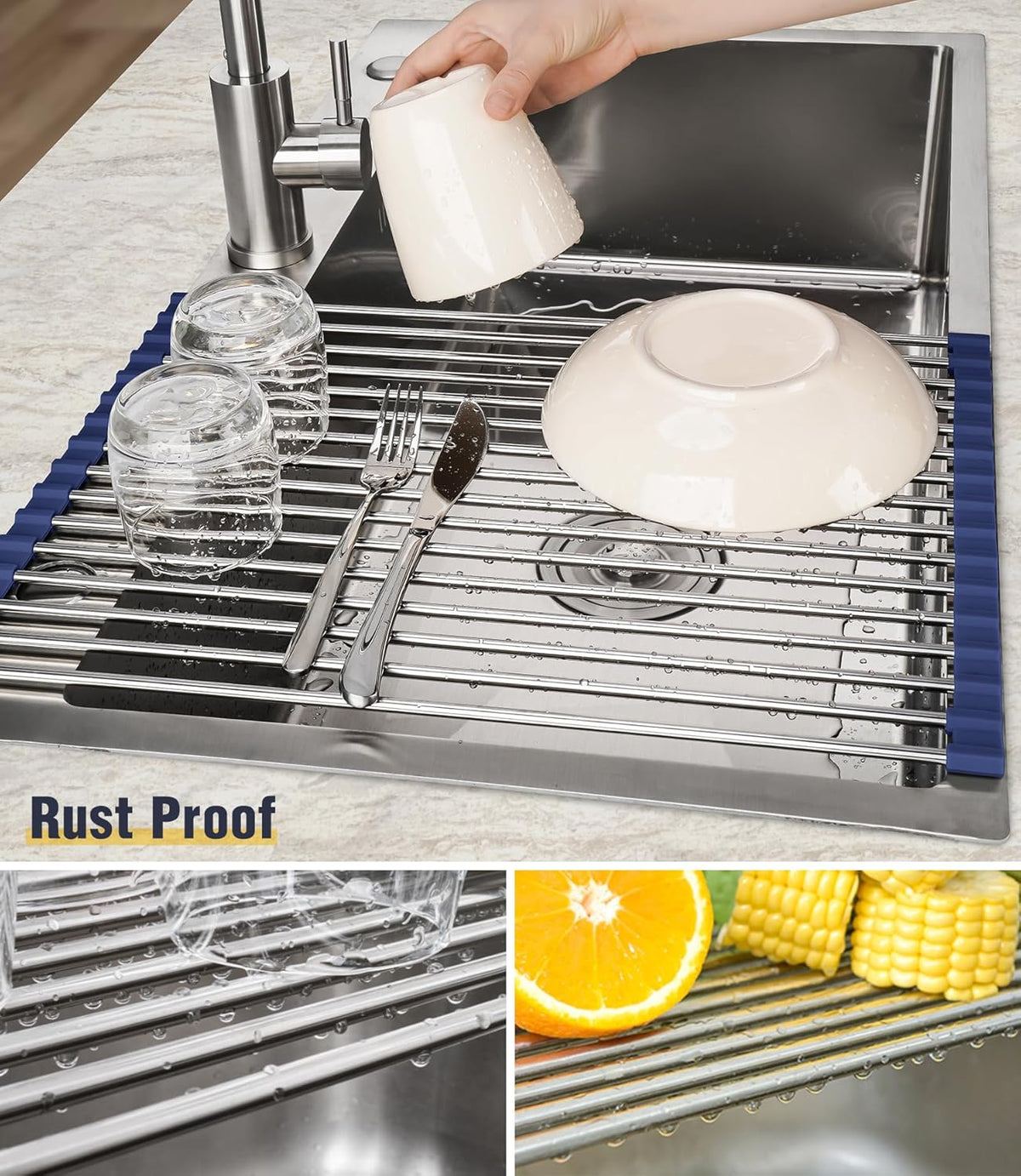 Tomorotec 17.7" x 12.5" Roll Up Dish Drying Rack Over Sink Drying Rack Sink Cover Kitchen Sink Accessories Gadget Multipurpose Organizer Foldable Stainless Steel Drainer