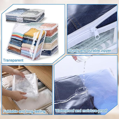 6 Pcs Clear Zippered Storage Bags, Plastic Sweater Storage Bags with Zipper and Label, Clear Vinyl Sweater Bag for Blankets, Linen, Bed Sheet, Pillow, Sweaters