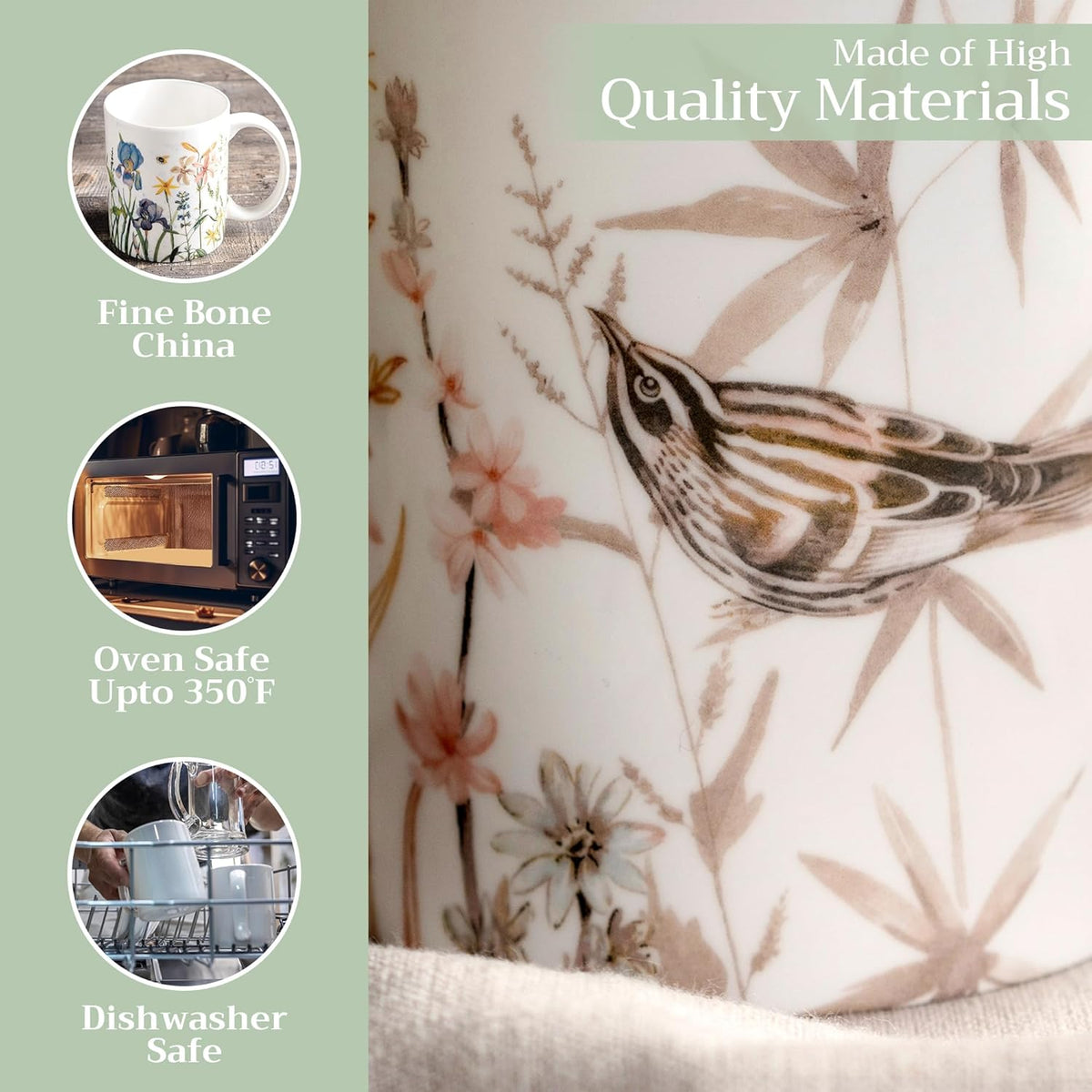 Maison d' Hermine Coffee Mug with Handles Fine Bone China Mugs Pack of One Tea Cups for Hot Beverages Cappuccino Latte Home Office Perfect for Gift (Meadow Florals - Beige Meadow Mornings, 12 Ounce)