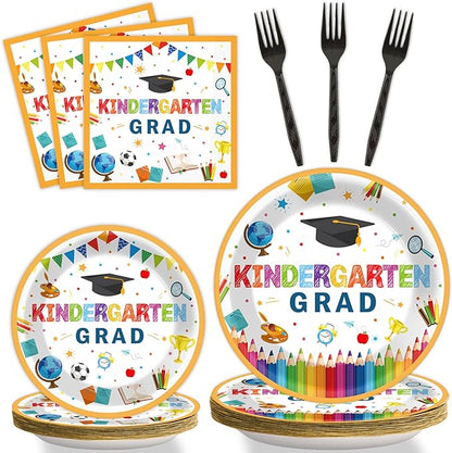 Kindergarten Graduation Party Supplies Pre-K Grad Tableware Set Preschool Graduation Plate Napkin Kindergarten Disposable Paper Dinnerware Kit for Graduate Party decoration Favor 24 Guest (White)