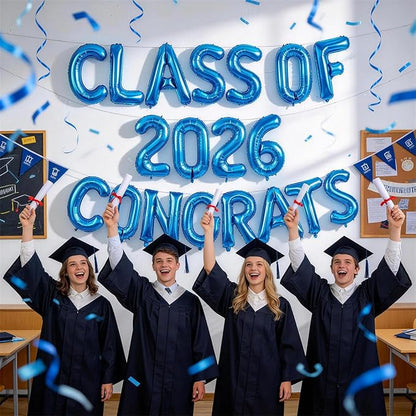 Blue Class of 2026 Congrats Balloons, 2026 Graduation Decorations 16inch Congrats Grad Foil Balloons Banner Sign for Class of 2026 College High School Graduation Prom Party Backdrop Supplies