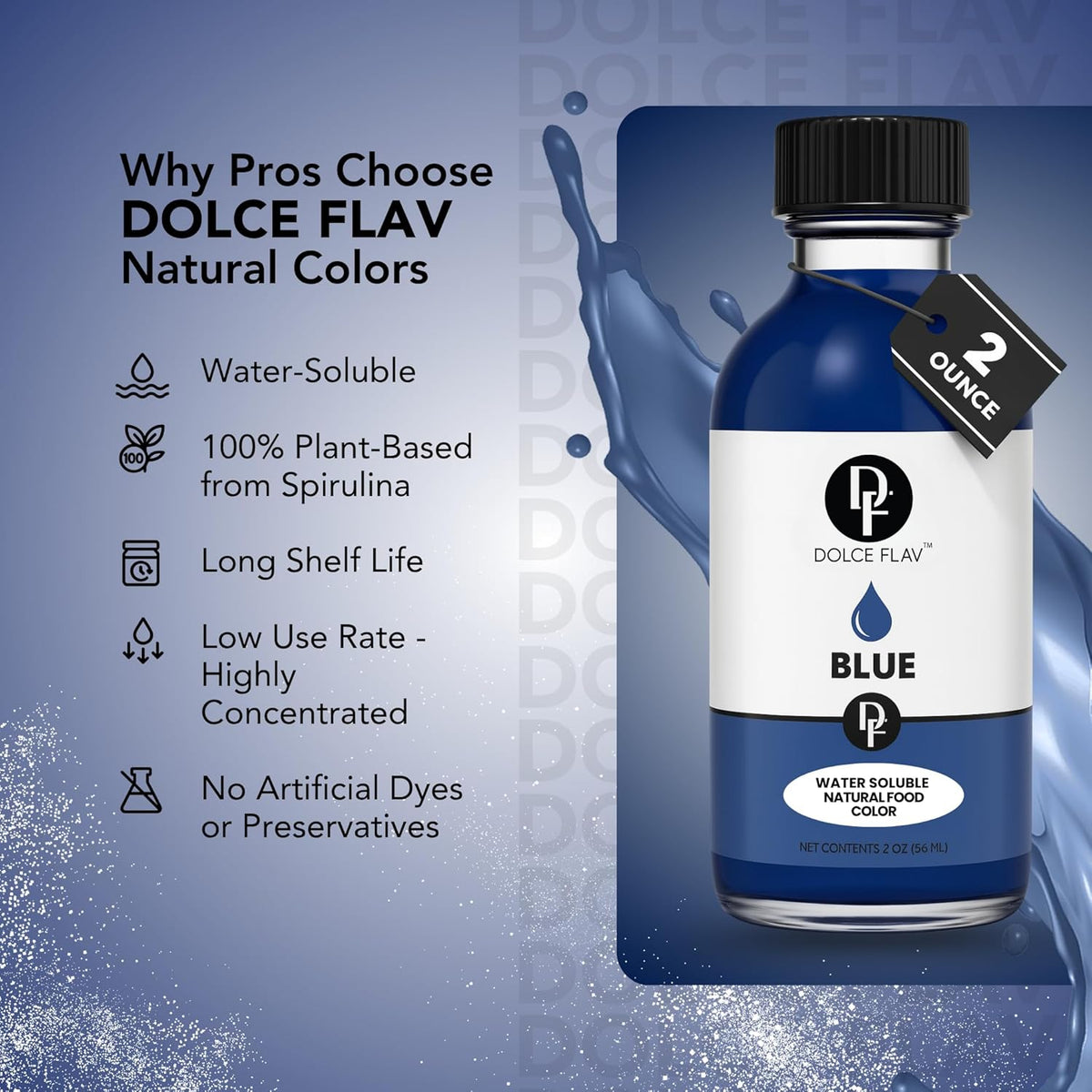 Dolce Flav Natural Blue Food Coloring – 2 oz Vibrant Plant-Based Color from Spirulina, Water-Soluble Liquid Dye for Baking, Drinks & Frostings