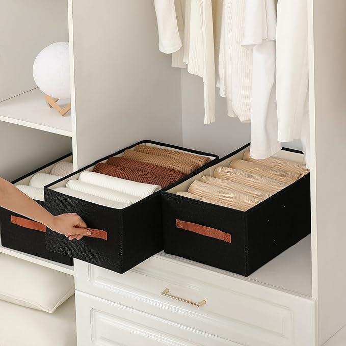 linen closet organizers and storage, 3 Pack Large Storage Baskets, Washable, Clothing Storage Bins with Handle, Closet Organizer for Storage Sweater,Sheets (Black, 18½"x11"x8½")
