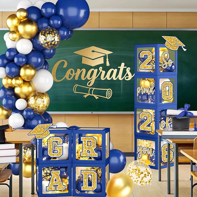 Graduation Decorations Class of 2026,Blue and Gold Graduation Decorations Class of 2026,Blue Balloon Arch Grad Boxes with Letters 2026 So Proud of You Grad 2026 for College Graduation Party Supplies