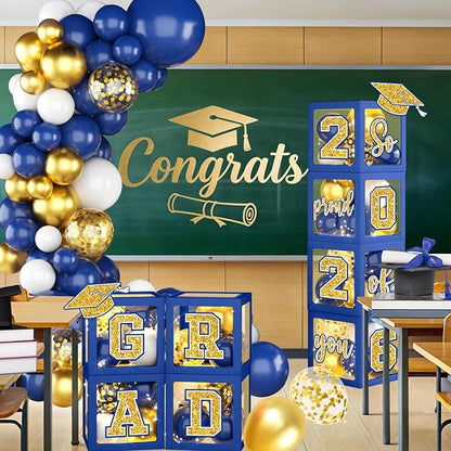 Graduation Decorations Class of 2026,Blue and Gold Graduation Decorations Class of 2026,Blue Balloon Arch Grad Boxes with Letters 2026 So Proud of You Grad 2026 for College Graduation Party Supplies