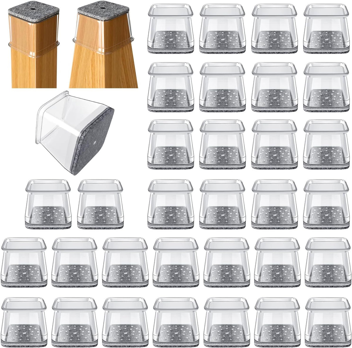 32 Pcs Square Chair Leg Protectors for Hardwood Floors,Felt Furniture Floor Protectors with Silicone Caps, Extra Large Size (Fits Chair Legs with Side Length: 1-5/8" to 2")