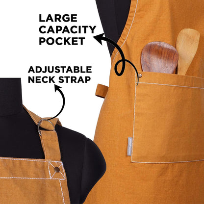 AMOUR INFINI Cotton Solid Aprons for Women with Pocket, Adjustable Strap and Waist Ties Washed Chef Aprons for Cooking, Baking and Gardening (27.5 x 33 Inches - Yellow)